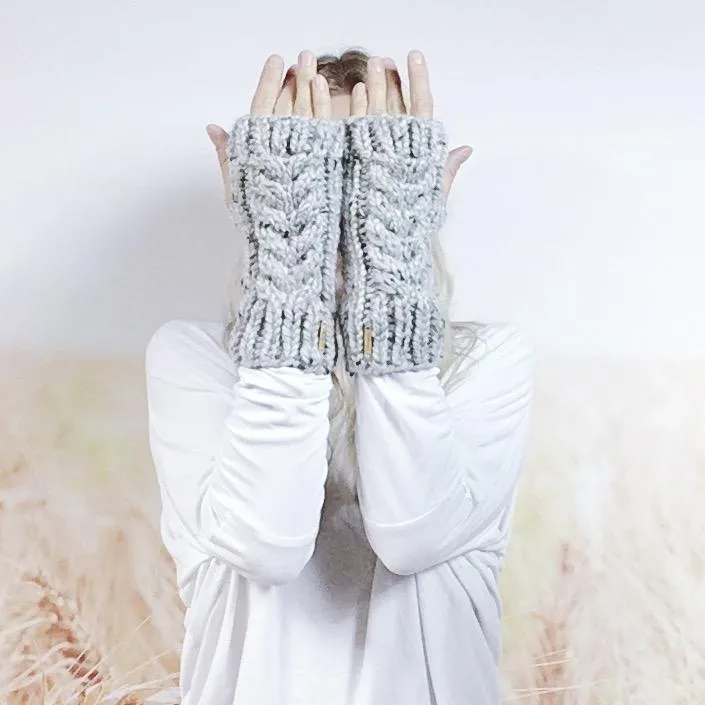 Women's Knitted Fingerless Mittens, Hand Knit Cabled Wrist Warmers in Grey Marble